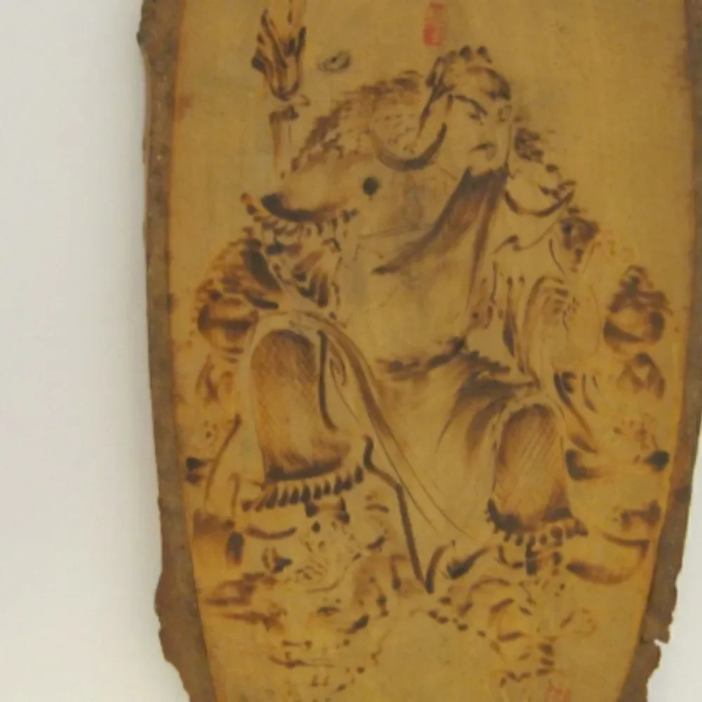 VINTAGE Wood Slice Woodburning Picture Ornament Warrior Chinese Oval Medium